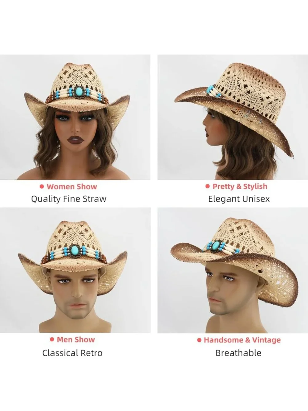Men's Khaki-m29 Straw Adjustable Wide Brim Sun Beach Western Cowgirl Cowboy Hat